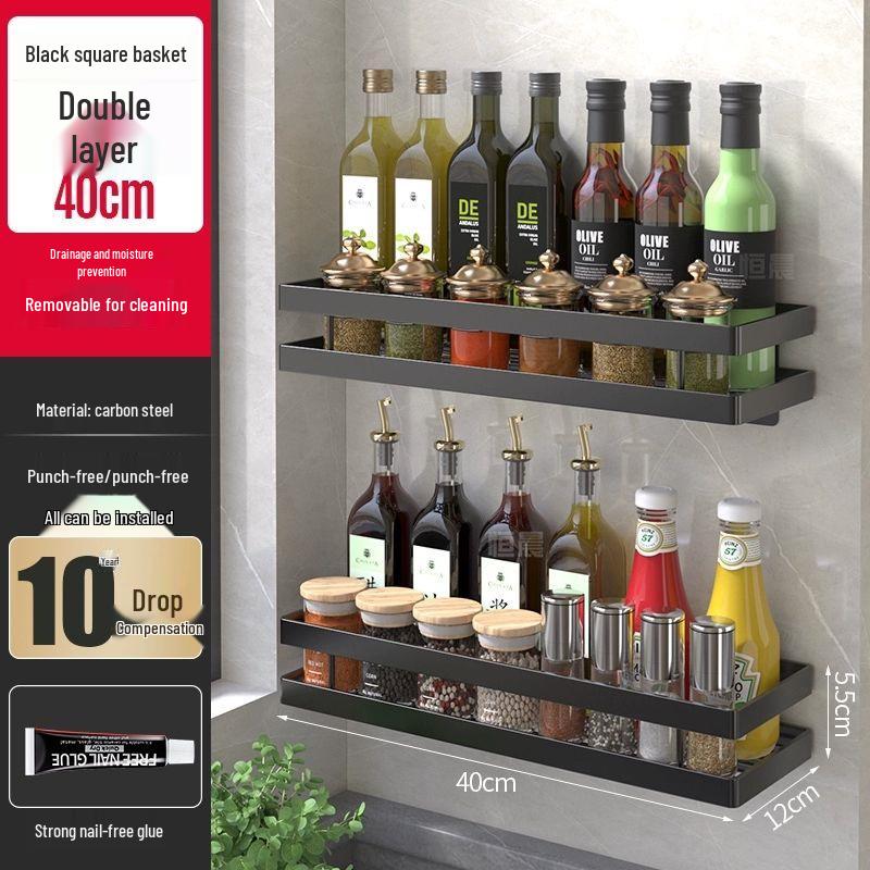 Wall-Mounted Multi-Tier Kitchen Storage Rack, No-Punch Design, for Seasoning and Refrigerator Side Organization