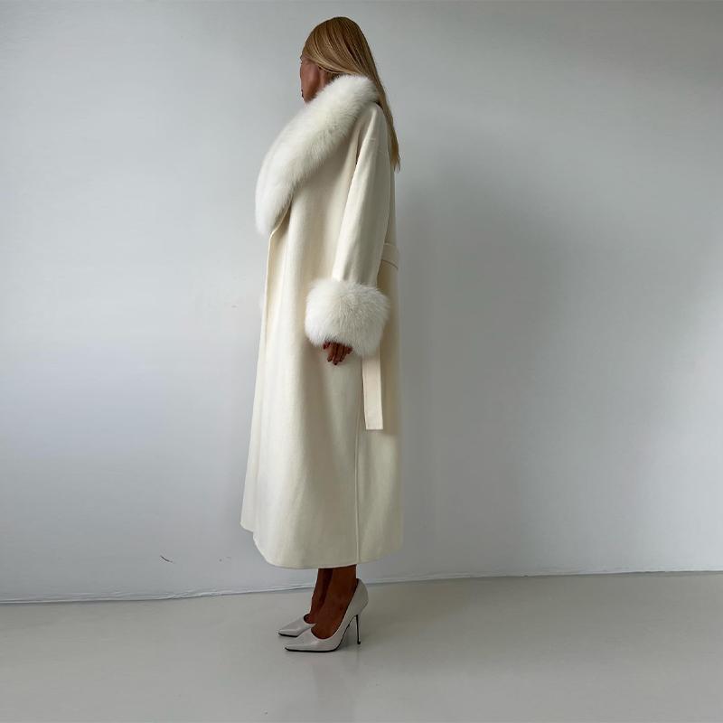 Pelzkragen Schnürwollmantel Damen Herbst und Winter Neuer dicker Mantel Einfarbig Langer modischer Mantel