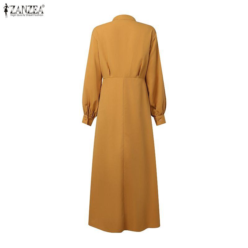 ZANZEA Elegant Women Stand Neck Puff Sleeve Buttons Slim Waist Casual Loose Long Pleated Dress