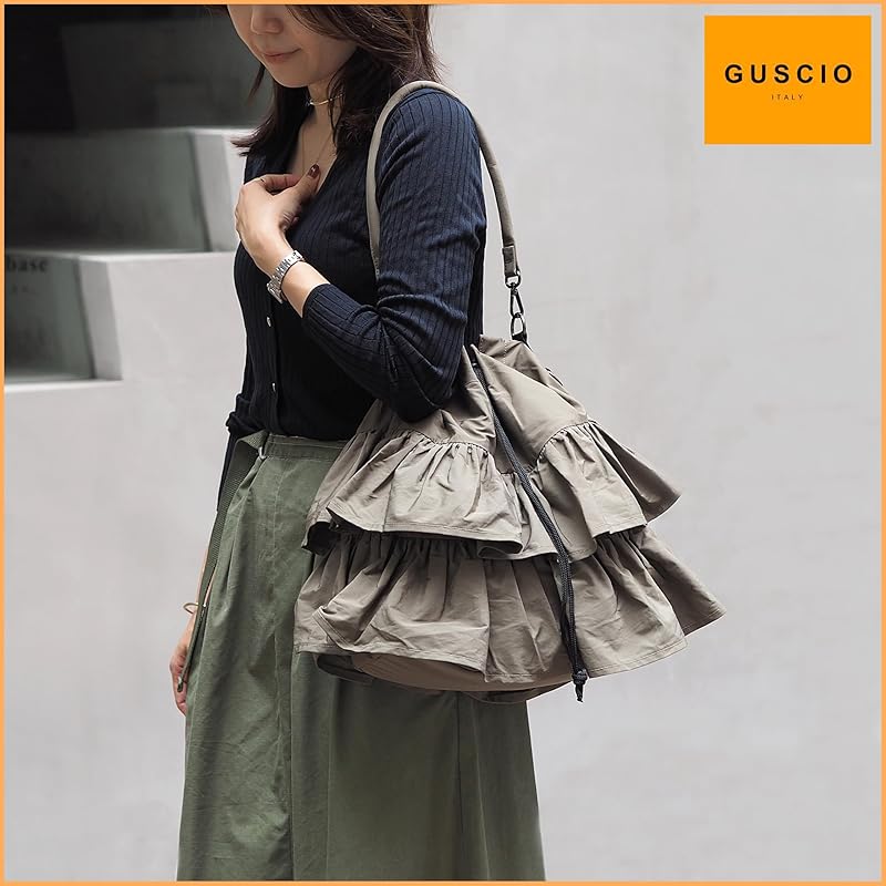 [Guscio Italy] Frills 2WAY Tote Bag Purse Casual Outfit Lightweight Crossbody Bag Sub Bag Ladies Fashion Italy 12-1134 (khaki)