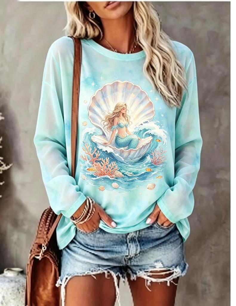 Women Long Sleeve T Shirt Mermaid In Giant Seashell Ocean Coral Wave Print Crew Neck Casual Tops
