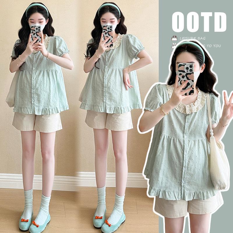 Petite Maternity Lace Trim Puff Sleeve Shirt & Pants Set - Summer 2026 M