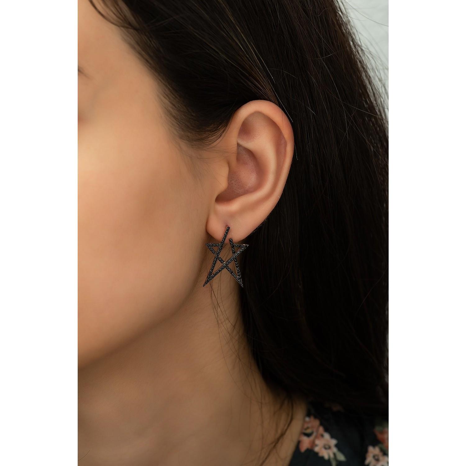 

Серьги-двойные серьги из стерлингового серебра 925 пробы с черными звездами Женские серьги из стерлингового серебра