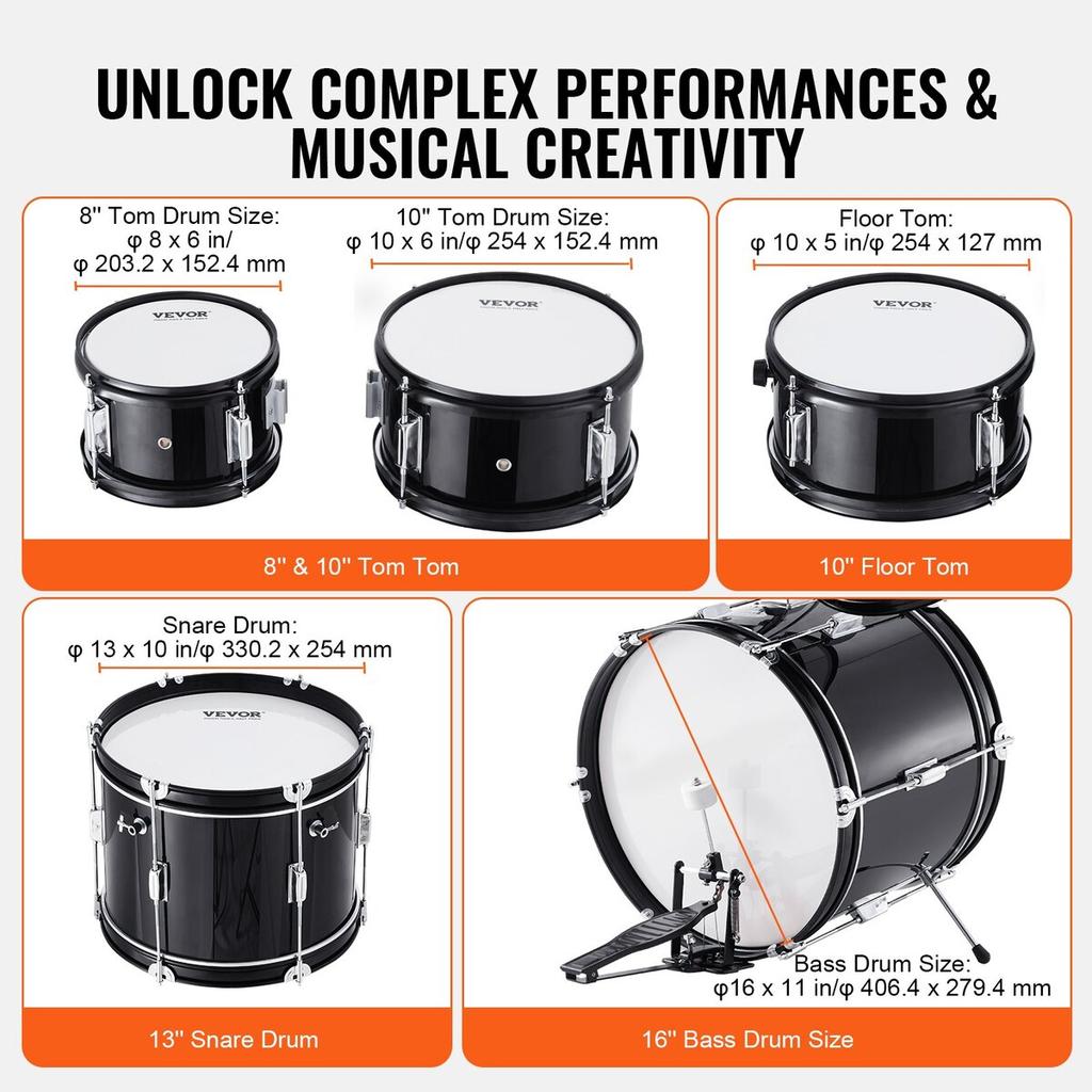 Kids Drum Set 5-Piece 16 in Beginner Children Drum Set with Throne Black