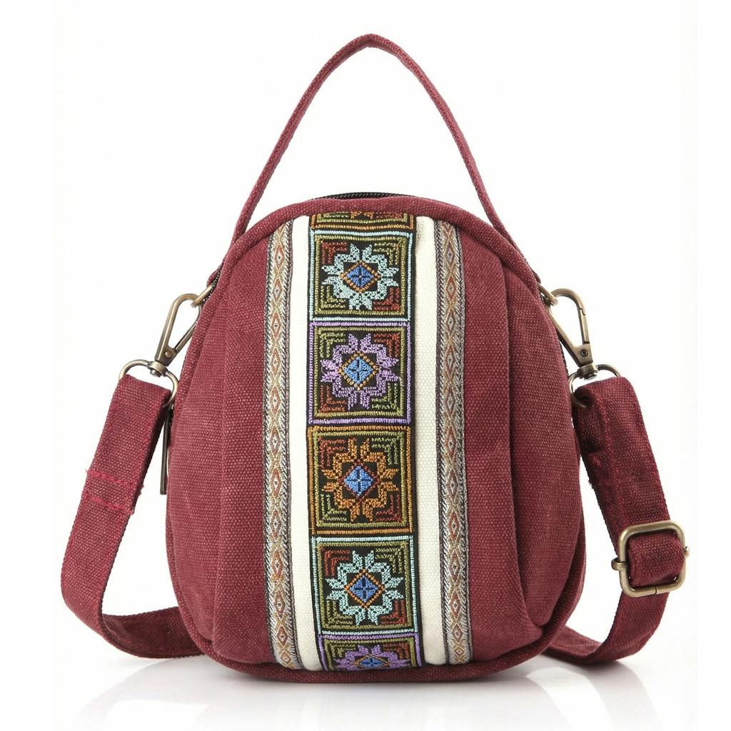 Canvas Ethnic Embroidery Shell Shape Small Bag With Zipper Pockets For Daily Use