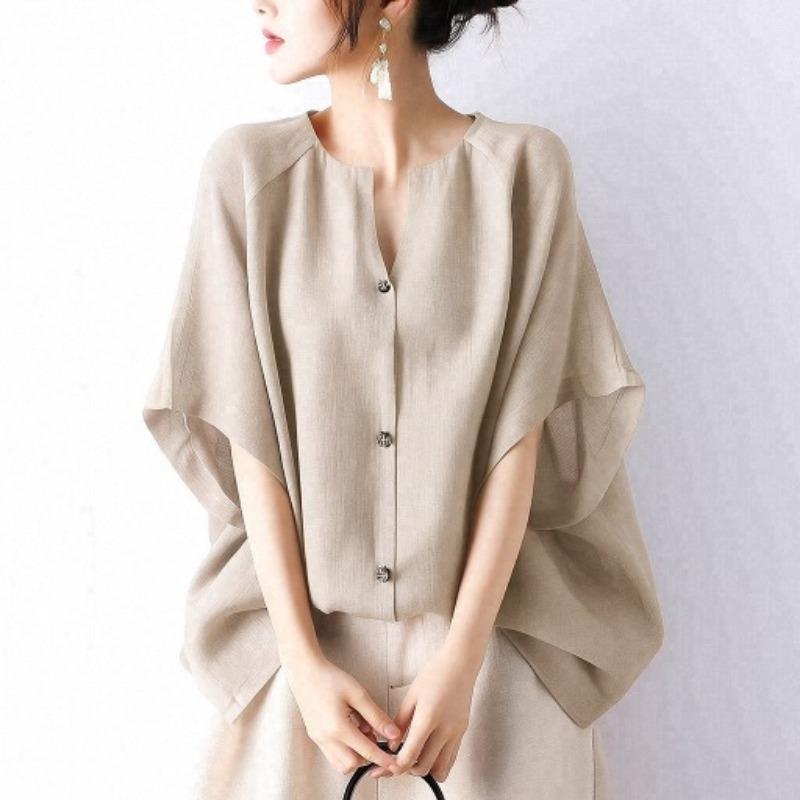 Women Navy Cotton Notch Neck Batwing Sleeve Single Button Front Blouse M абрикосовый