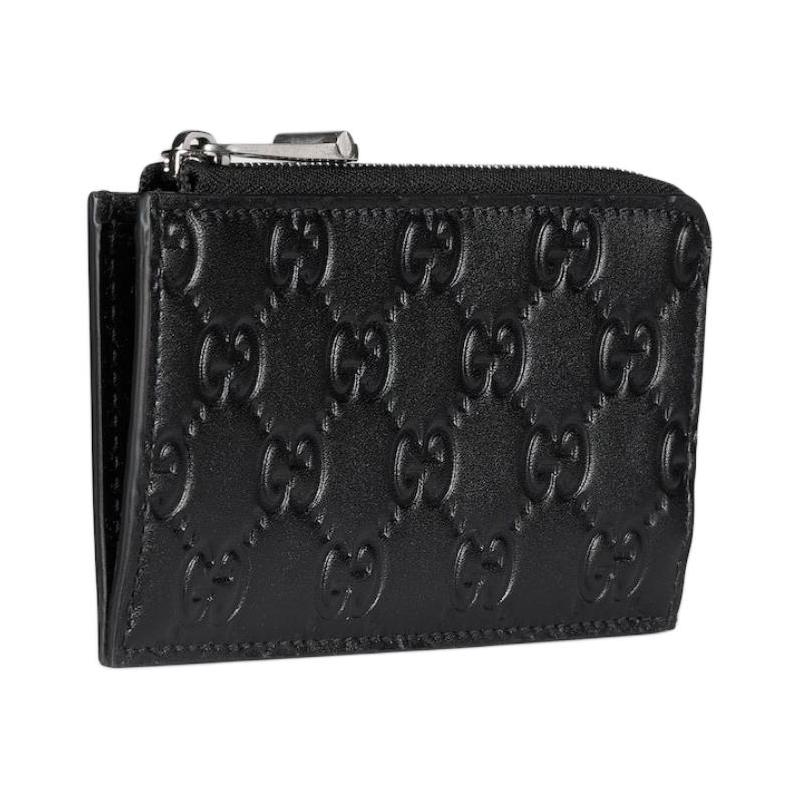 Gucci GG Emblem embossed distressed GG pattern zipper closure smooth leather card holder men's black