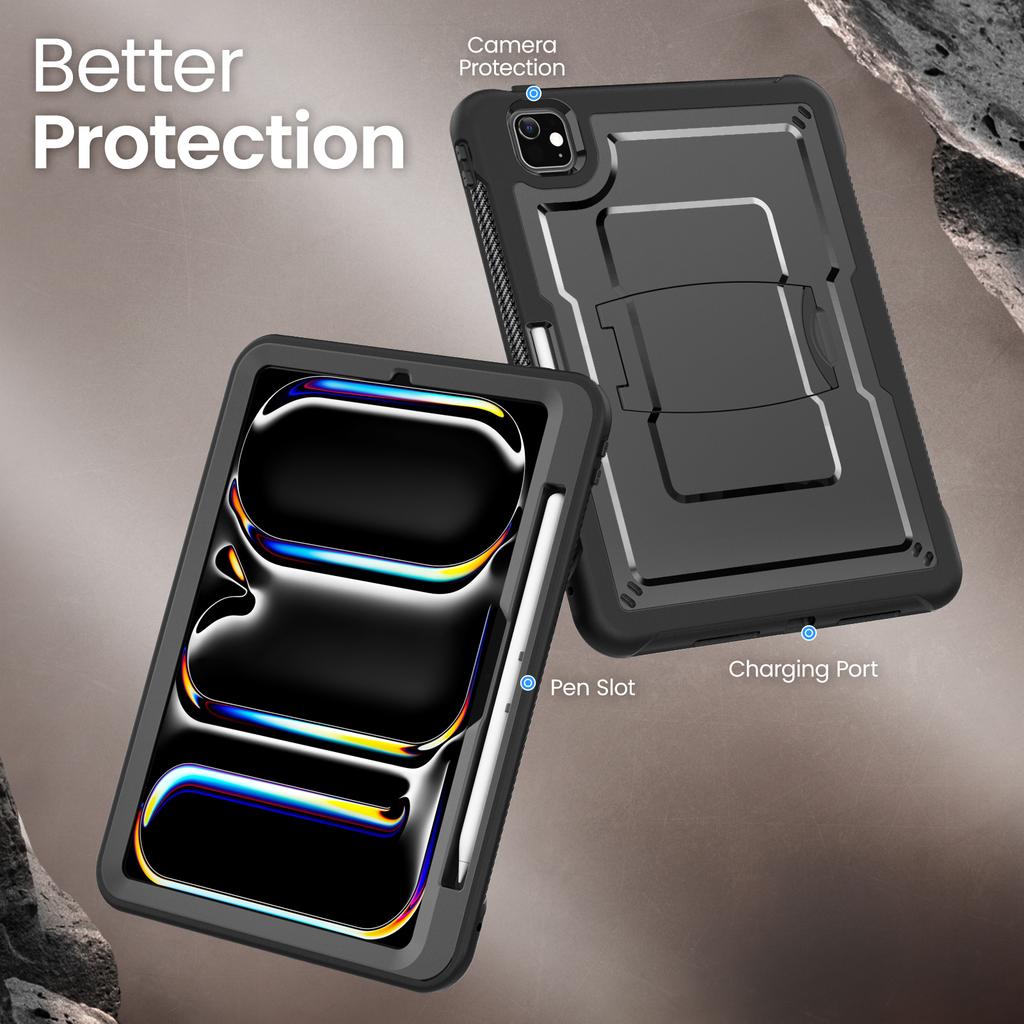 For iPad Pro 11 (2025)/11 (2024) Case PC + TPE Tablet Cover with Hidden Zinc Alloy Kickstand