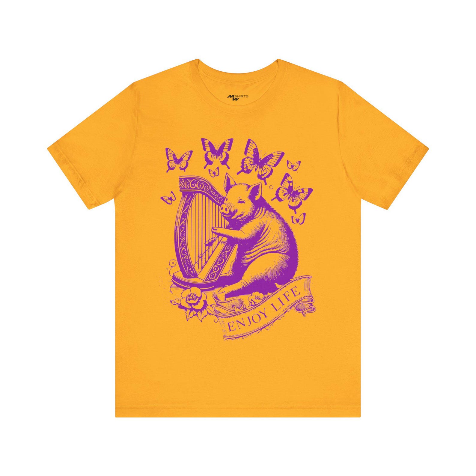 Pig Playing Harp T-Shirt: Engraving Style, Butterfly Ribbon L