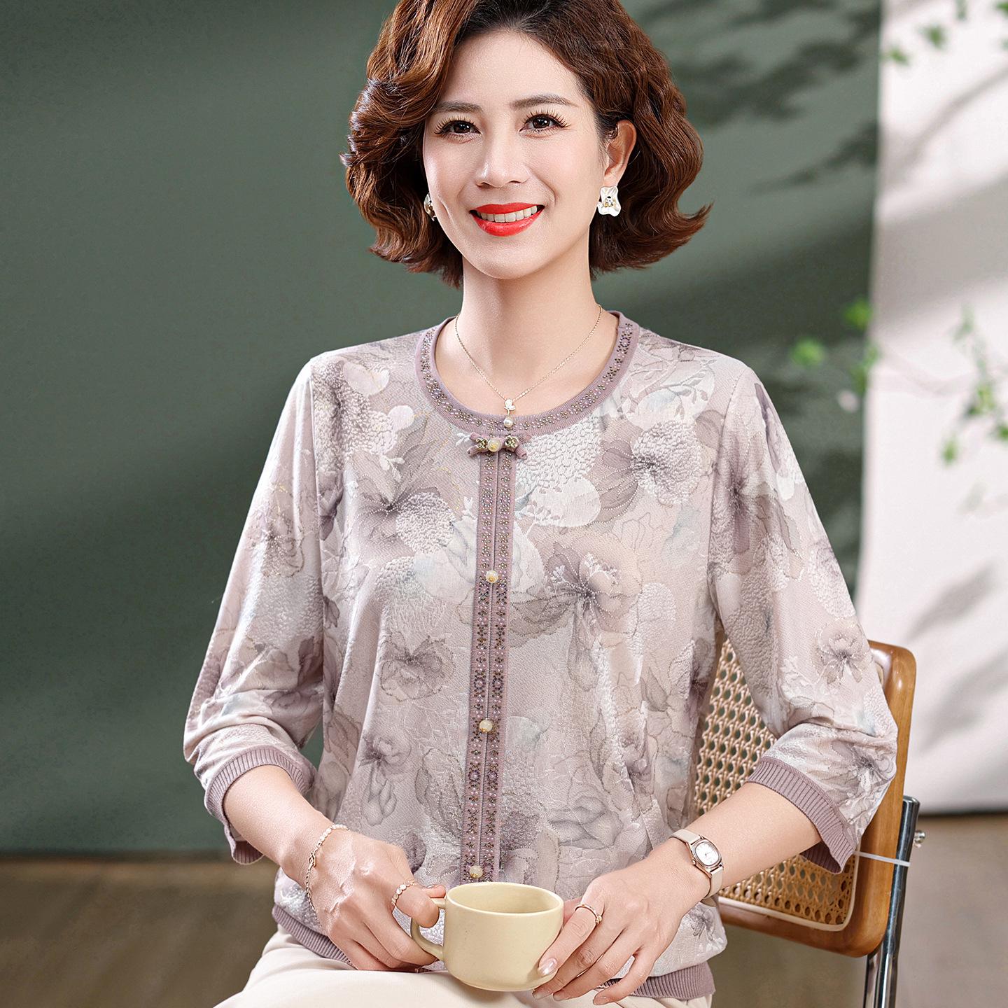 

Maternity Rhinestone Seven-Sleeve Round Neck Top for Middle-Aged & Elderly Women - Spring/Summer Loose Age-Reducing T-Shirt XL (Recommended 105-120 lbs) серый