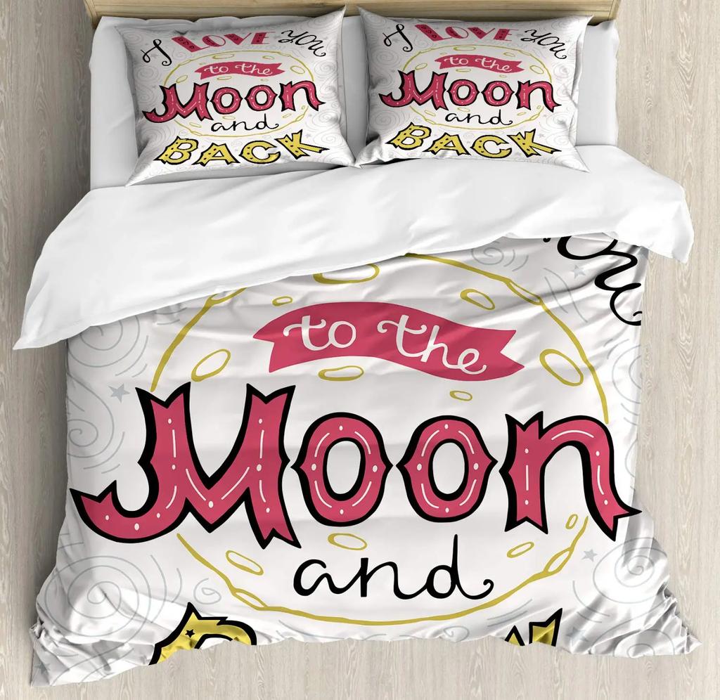 I Love You Duvet Cover Hand Drawn I Love You To The Moon and Back Words with Stars Celebration King Size Polyester Bedding Set