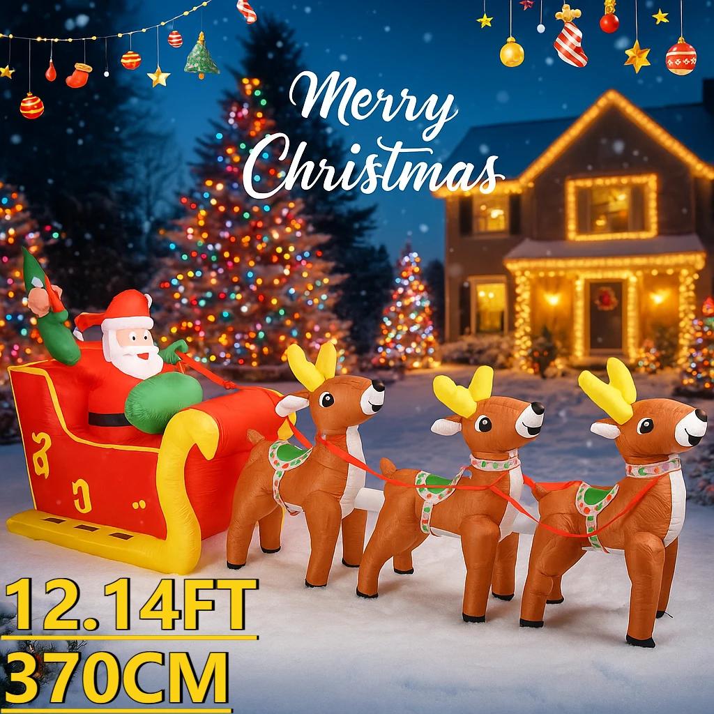 12.14FT Xmas Yard Party Decoration Inflatable Santa Claus Reindeer Sleigh Toys LED Light Home Ornaments Supplies Christmas Gift