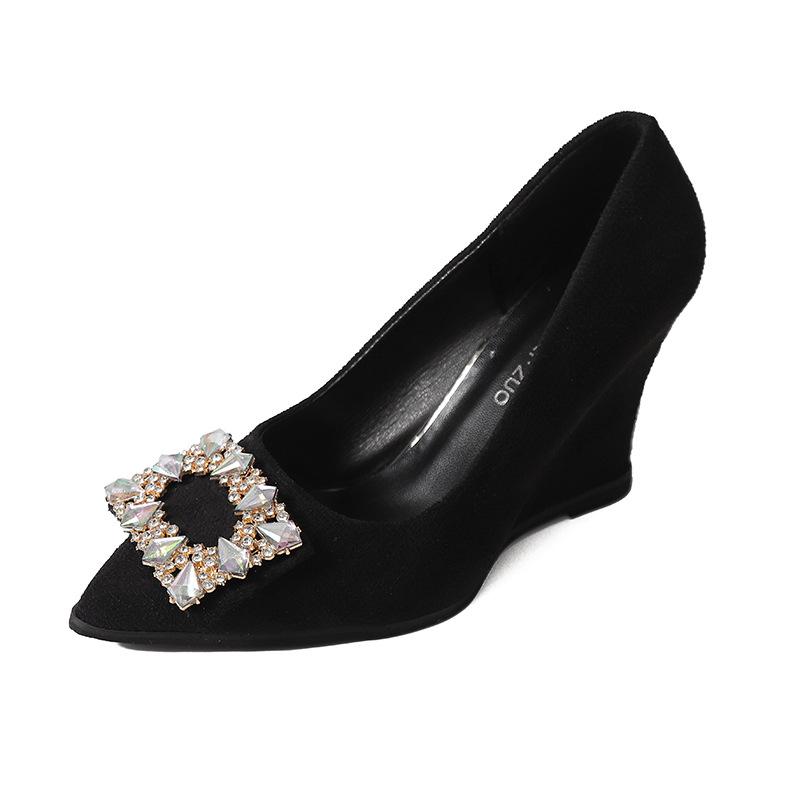 2025 autumn new slope heel single shoes women's black high heels rhinestone square buckle versatile pointed professional work shoes