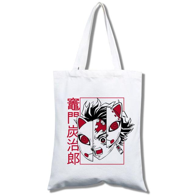 Кавайный истребитель демонов: Сумка для покупок аниме Kimetsu No Yaiba, сумка для покупок, дорожная сумка, холщовая сумка, большая сумка, белая пляжная сумка 24*26cm