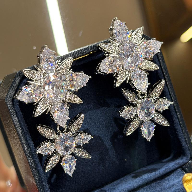 Elegant French Zircon Flower Pendant Earrings - Luxurious, Exquisite, and Statement-making Accessories for a Sophisticated Look.