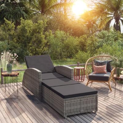 Vidaxl Garden Sun Lounger with Dark Grey Cushion, Poly Rattan, Grey