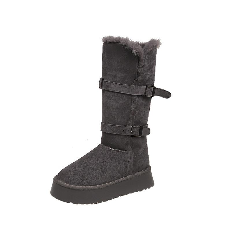 Gray Snow Boots Women's 2025 Winter New Thick-soled Heightening Piled Thickened Long Tube Snow Cotton Shoes Leg Cover Spice Girl