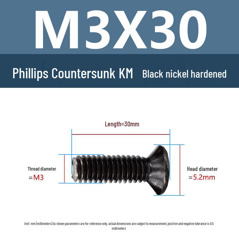 Yigu Uhlíková ocel Černý nikl Kalené KM Šrouby s plochou hlavou Phillips M2-M4 pro elektroniku