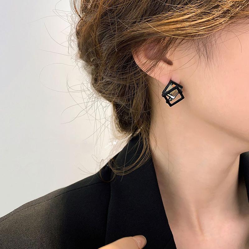 Fashionable And Creative Simple Geometric Inlaid Zircon Earrings Neutral And Cool Black Personalized Daily Party Jewelry Gifts