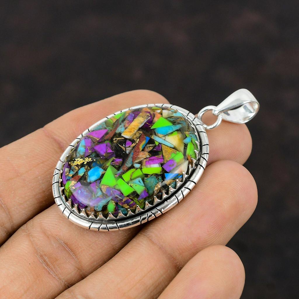 Fiesta Kingman Türkis-Anhänger, Multi-Kupfer-Türkis-Anhänger, 925er Sterlingsilber-Anhänger, handgefertigter Schmuck, Hochzeitsgeschenk, Edelstein-Anhänger