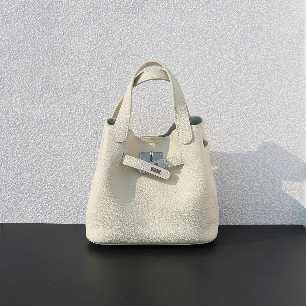 Top layer cowhide handbag genuine leather lychee pattern vegetable basket bag simple and lightweight versatile shoulder bag women's bag