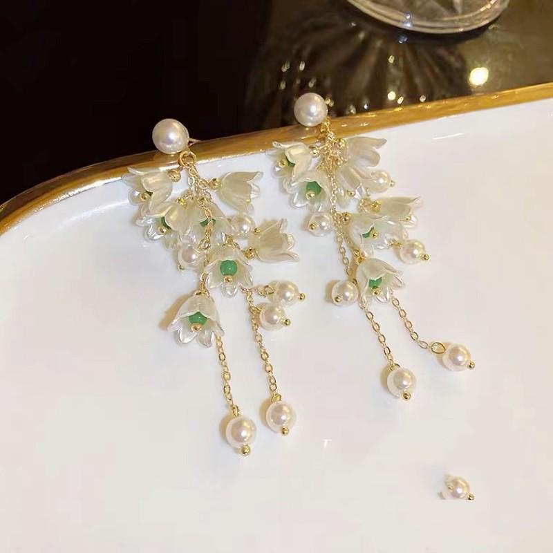 Pearl Orchid Bluebell Long Tassel Earrings for Women - Korean Style, Sweet Floral Design