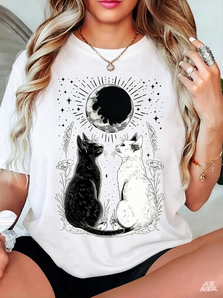 

2026 Summer Cat Eye Print Tshirt Womens Round Neck Casual Short Sleeve Tshirt Summer Harajuku Streetwear Top Fashion Tshirt S