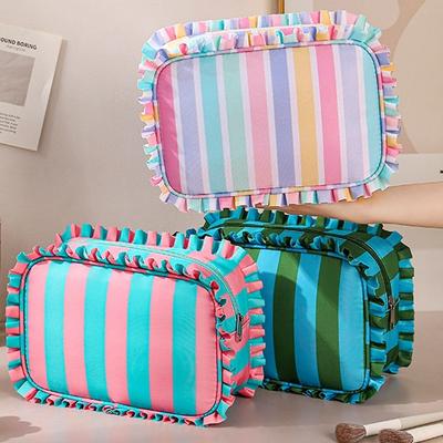 Ruffle Decoration Women's Makeup Case Colorful Striped Makeup Organizer  Bathroom Storage
