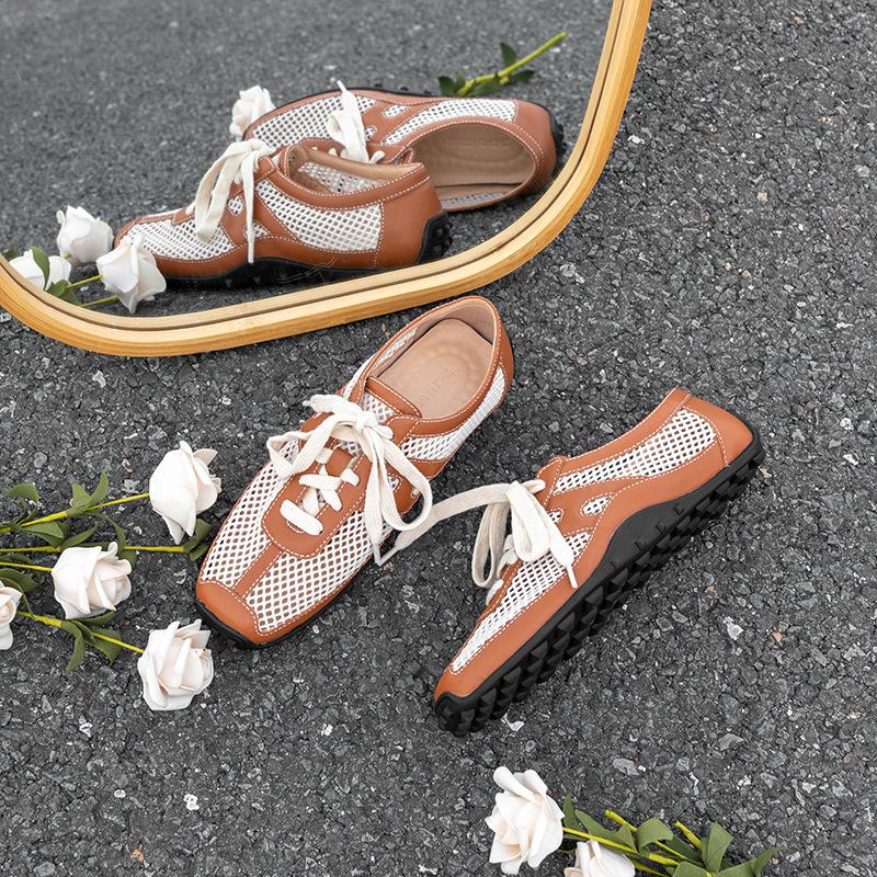 Retro leather mesh breathable women's new outer wear advanced sense casual versatile non-slip hollow single shoes women