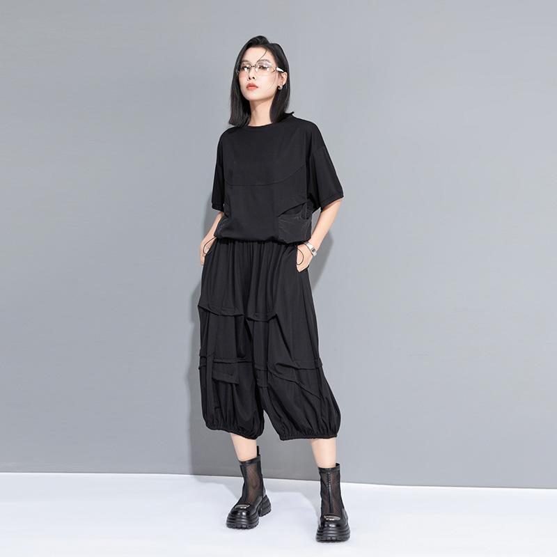 Black Plus size Vintage high Waist Casual loose Summer wide leg Pants Women Trousers