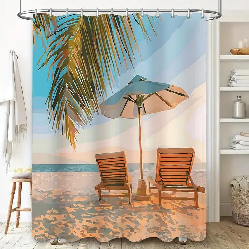 Beach Style Shower Curtain Exquisite Pattern Design Waterproof Anti-Mildew Bathroom Decoration Home Essential Rustproof Hooks