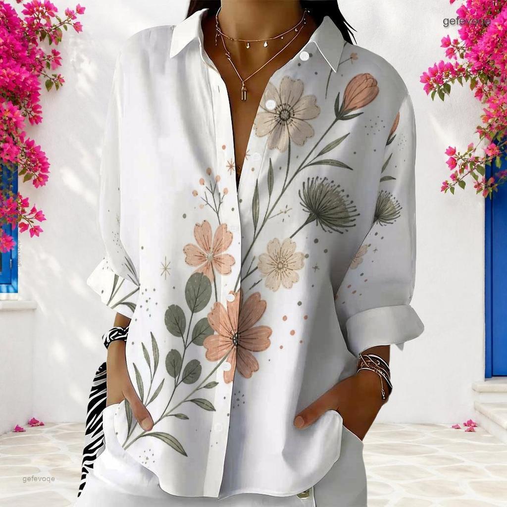 Plus Size Womens Long Sleeve White Collared Button Closure Blouse