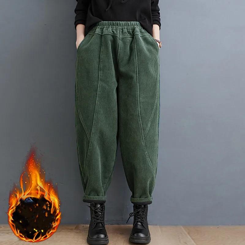 

Женские утолщенные флисовые вельветовые брюки гаремы для среднего возраста, зимние, однотонные, теплые XS