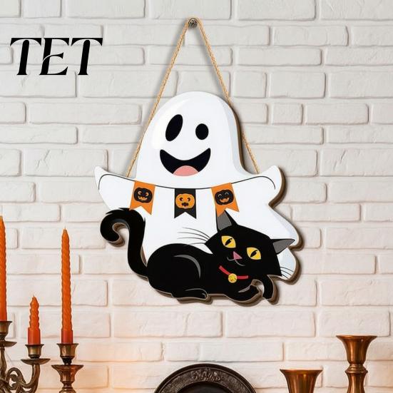 Childlike Party Supplies for Kids Cute White Ghost Wooden Door Hanger Sign with Black Cat BOO Retro Fall Seasonal Wall Art Banner, Waterproof