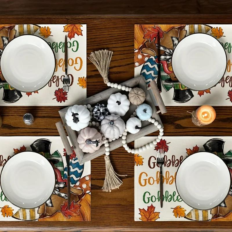 1PC Thanksgiving Placemats Turkey & Maple Leaf Design Square Perfect For Fall Harvest Parties & Kitchen Decor