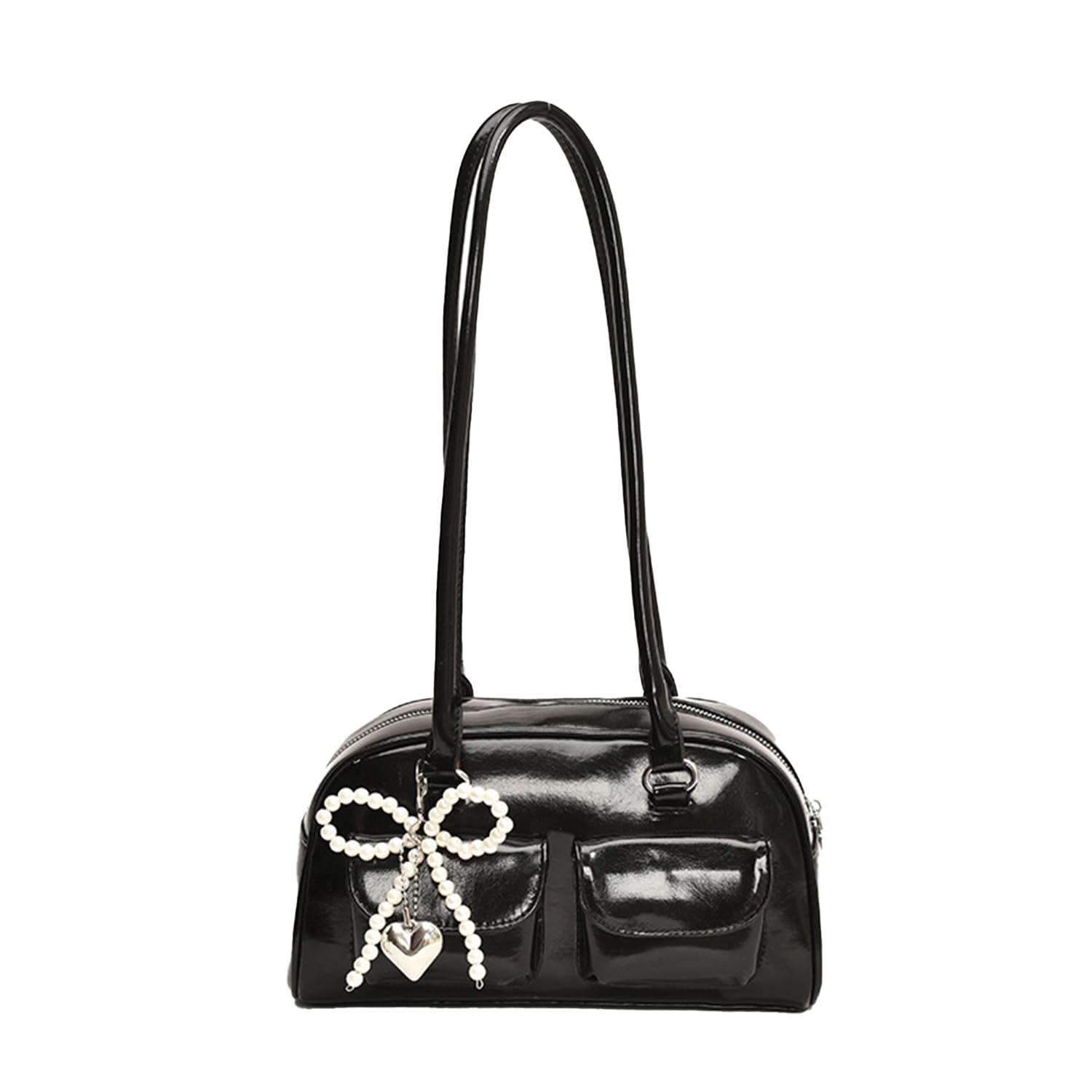 

Lapimou Women s Horizontal Boston Bag, Shoulder Bag with Ribbon and Bow Design, Silver, A4 Size, Large Capacity, Popular, Trendy, Stylish, and Cute