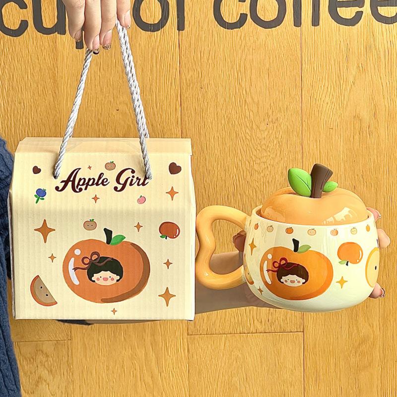 Birthday Gift for Girls Cute Fruit Girl Ceramic Mug with Lid Couple Best Friend Souvenir Gift Box