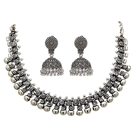 Oxidised Silver Plated Necklace Set with Earrings for Women