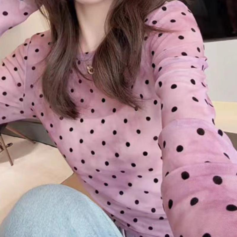 Plus Size Designed Polka Dot Semi-Sheer Mesh Sun Protection T-shirt Women's Summer Thin Loose Outer Cover-up Stylish Top