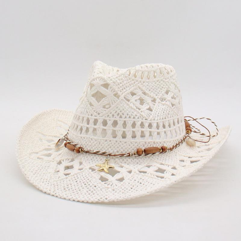 Cross-Border Summer Malan Orchid Hollow Western Denim Straw Jazz Top Hat Hat Upturned Along Eaves Shading Sunscreen Straw Hat
