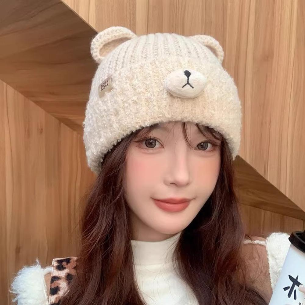 Solid Color Winter Beanie Cap Keep Warm Woolen Ear Protection Hat Bear Ear Knitted Hat  Girls