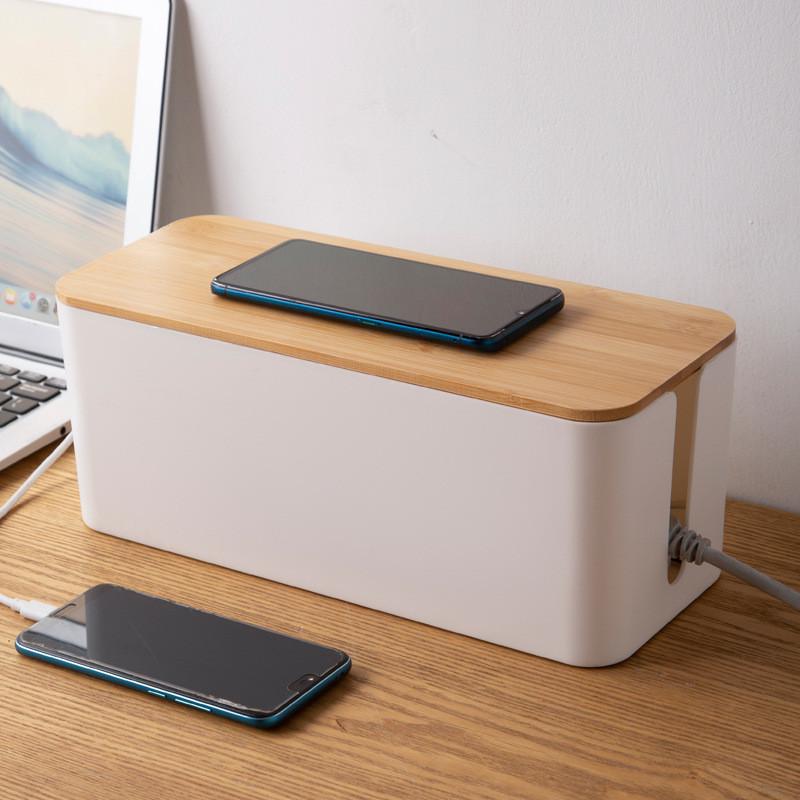 Wood Grain Desk Cable Organizer With Lid For Home Office And Bedroom Storage