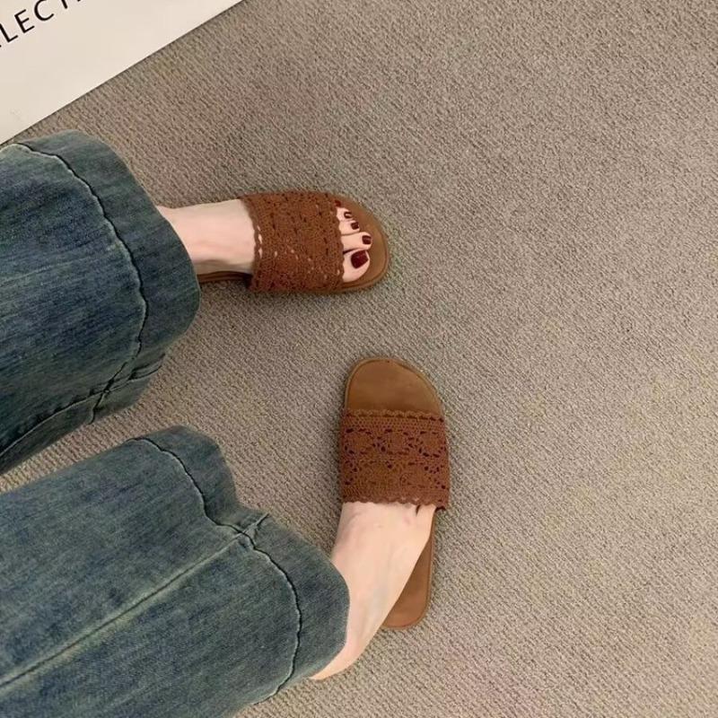 

Fashion New Ladies Lace Linen Slippers Women s Sexy Grass Woven Slides Outdoor Light Comfortable Sweet Mesh Handmade Shoes Home Sandals 40 коричневый