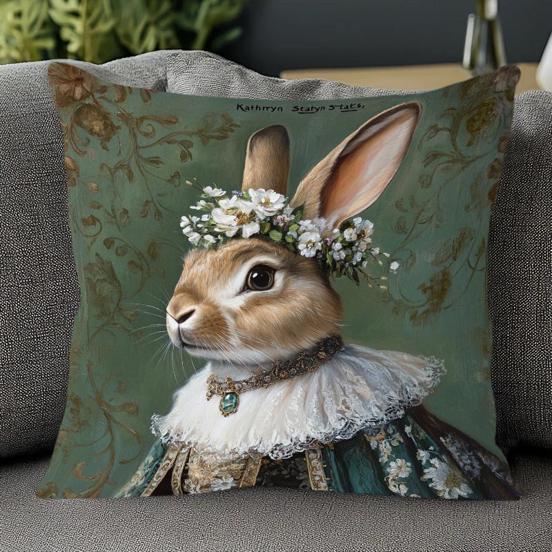 1Pc Royal Rabbit Portrait Pillow Cover, Polyester 2D Double-Sided Print, Vintage Floral Bunny Oil Painting Art, Animal Lover Hom