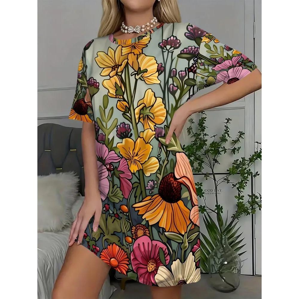 Retro Colorful Flower Pattern Women Mini Dresses Summer Short Sleeve Printed Plus Size Casual Comfortable Soft Dress