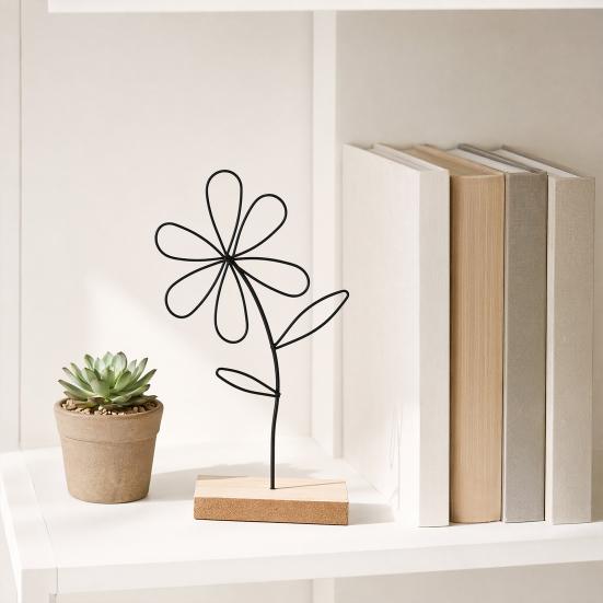Scandinavian Style Wall Decor Nordic Wrought Iron Decoration, 3D Hollow Flower Ornament with Wood Base, Modern Farmhouse Handcrafted Figure for Living