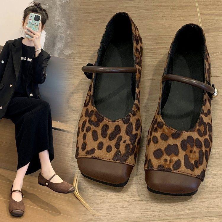 Suede Leopard Print Flat Bottom Wear Mary Jane Shoes Autumn New Temperament French Beanie Shoes Light Mouth Single Shoes