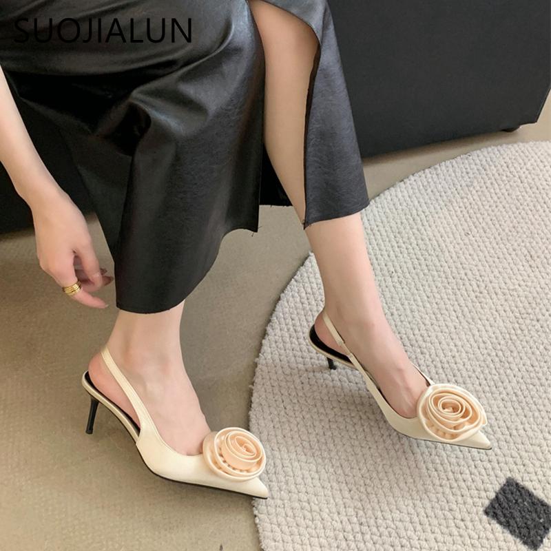 Fashion SUOJIALUN 2024 Spring New Brand Women Sandal Fashion Big Flower Ladies Elegant Slingback Shoes Thin High Heel Dress Pumps Shoes