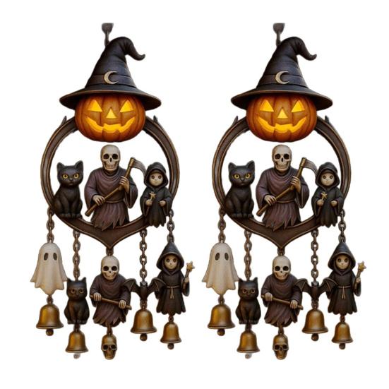 Halloween Gothic Wind Chime Spooky Bell Chime with Pumpkin Lantern Grim Reaper Ghost Black Cat for Porch Window Home Decor