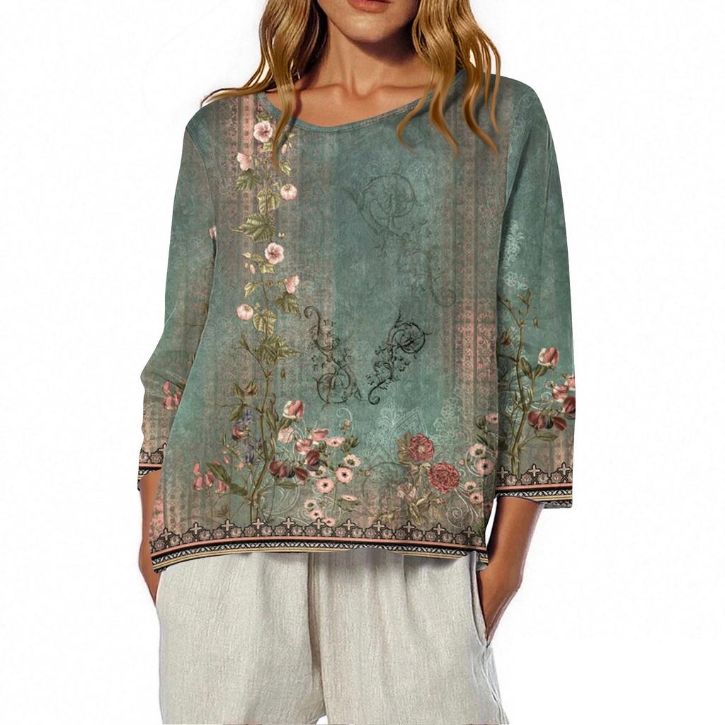 Dam O-ringad 3/4-ärmad tryckt topp T-shirt